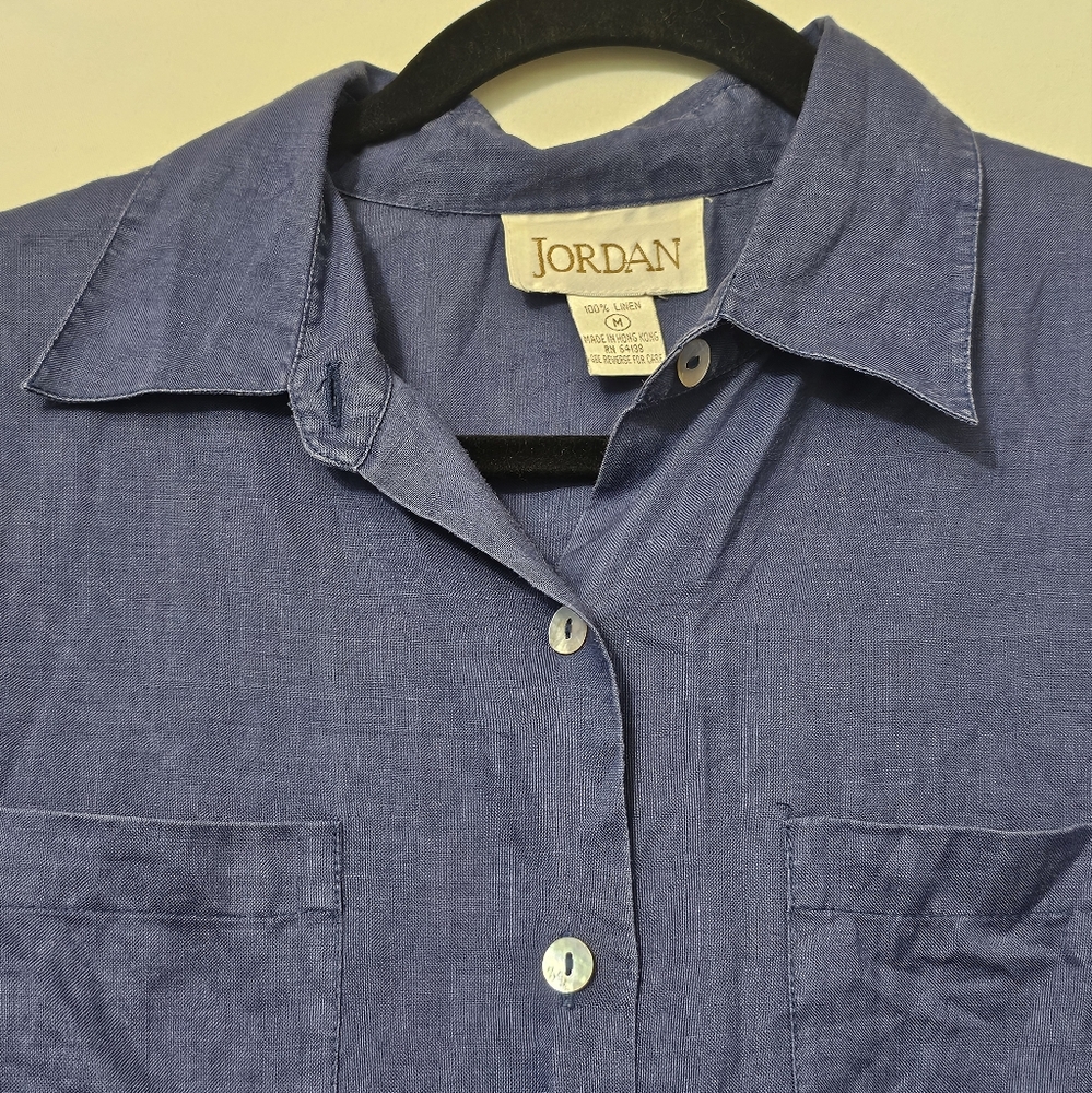 Vintage 100% Linen Short Sleeve Shirt Women's Size M Blue Button Down Breathable - Picture 8 of 13